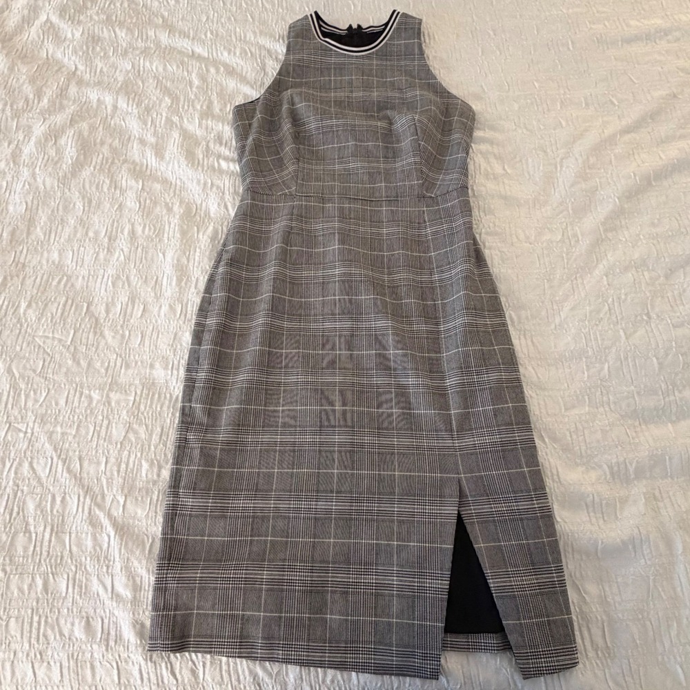 Banana Republic Grey Glen‎ Plaid Sleeveless Sheath Dress Striped Neck Size 2